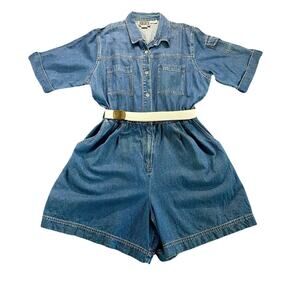 Vintage 1980s Forenza Denim Romper Jumpsuit XL Blue Utility Metal Button Belted